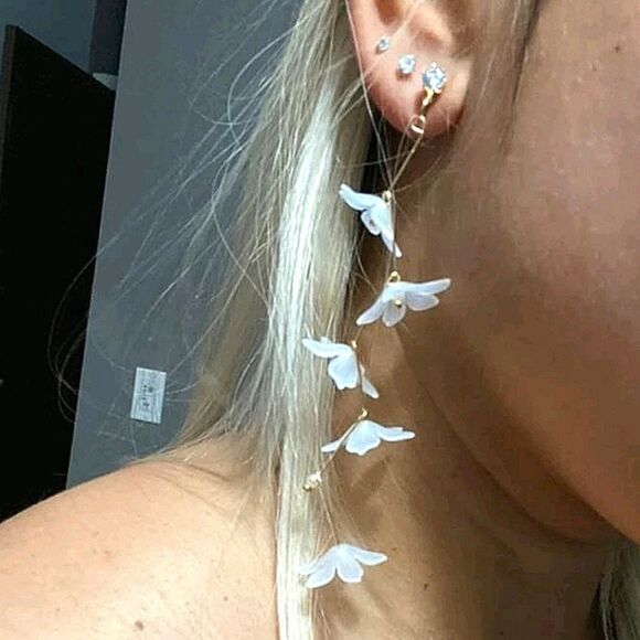 Gold statement Earrings Boho white Flower Clear  Floral dangle dainty 2/$30 - Picture 3 of 15
